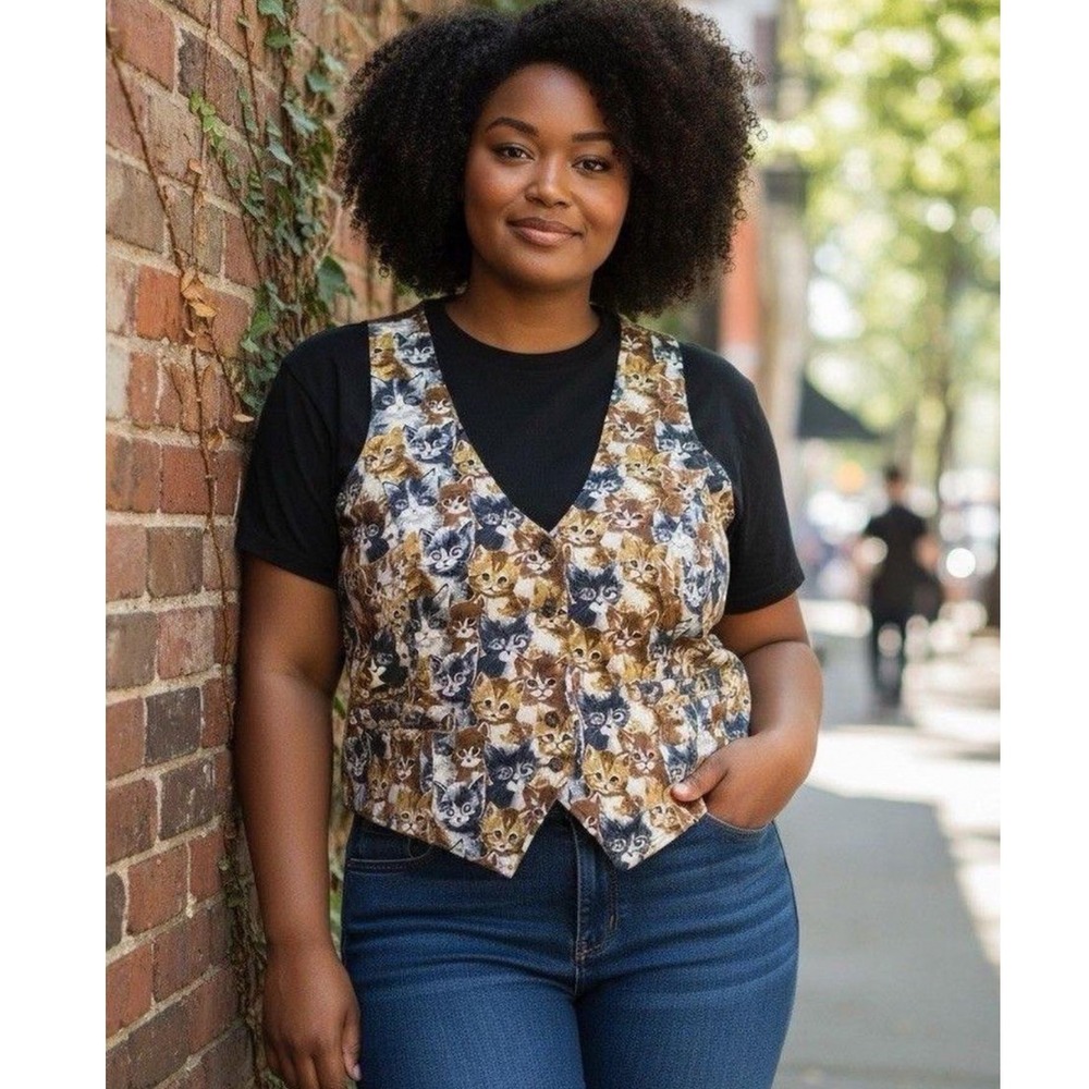 Thorn & Fable Kitten Cat Tapestry Print Button Front‎ Vest Brown Plus Size 3X
